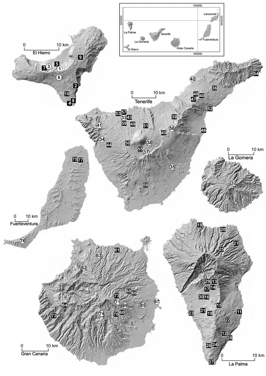 Representación de las localidades recogidas en la Tabla 1, en las que se han colectado arañas trogobiontes