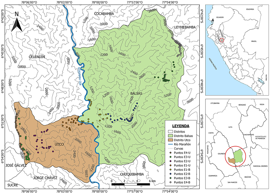 Mapa de ubicación y puntos de conteo establecidos por estrato en el área de estudio