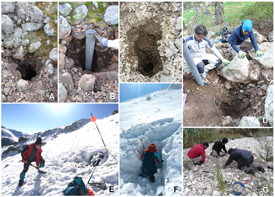 A, B) Instalación de una Estación de Muestreo Subterráneo en MSS del Puerto de San Glorio (Montes Cantábricos); C) sondeo en MSS del Puerto de Piedrasluengas (Montes Cantábricos); D) instalación de una Estación de Muestreo Subterráneo en MSS del Puerto de la Fuenfría (Sistema Central); E) accediendo en invierno a una Estación de Muestreo Subterránea balizada en Dos Hermanas (Sistema Central); F) accediendo en invierno a una Estación de Muestreo Subterránea no balizada en el Alto de Navafría (Sistema Central); G) instalación de una Estación de Muestreo Subterráneo en MSS aluvial en Tárbena (Sistema Prebético alicantino).