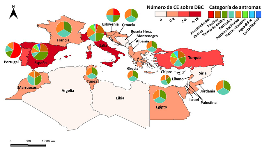 Distribución
geográfica de los casos de estudio (CE) revisados que estudian la diversidad
biocultural (DBC) en la cuenca del Mediterráneo, incluyendo los diferentes
antromas presentes en sus paisajes