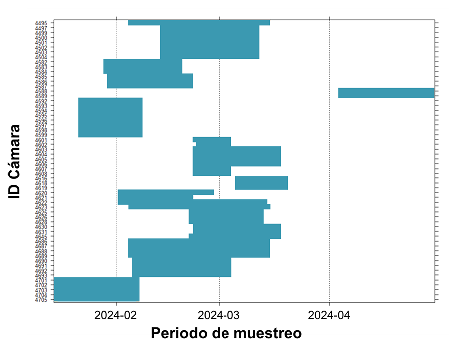 Operatividad de cada una de las cámaras empleadas en el estudio (eje y) a lo largo del periodo de muestreo (el eje x muestra la fecha de inicio de cada mes).