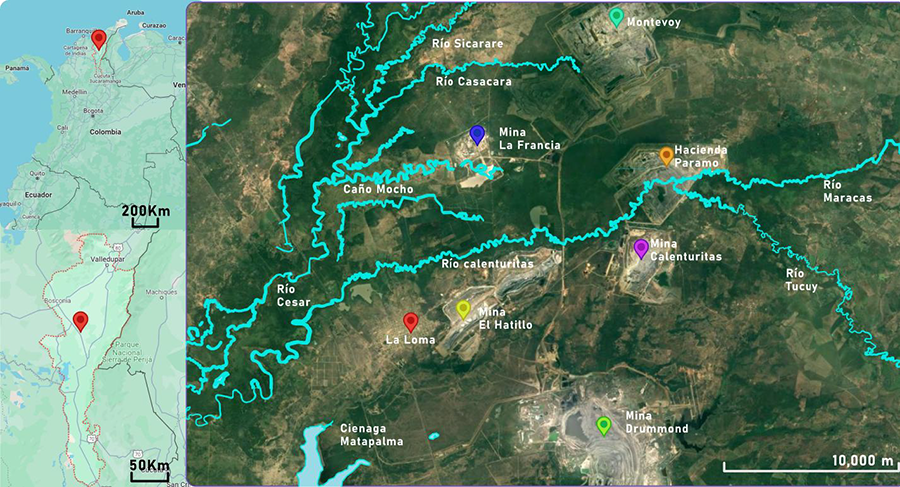 Mapa satelital de la Loma, Ubicación de la zona de estudio en el departamento del Cesar, Colombia (izquierda). Detalle de los cuerpos de agua destacando los ríos Calenturitas y Cesar y los complejos mineros cercanos (derecha).