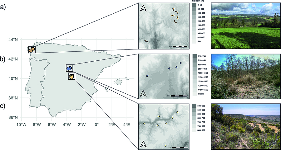 Mapa de la península ibérica mostrando la ubicación de las cámaras de fototrampeo en las respectivas localidades de las tres regiones de estudio, y fotografías representativas de los paisajes en cada región: (a) Galicia, (b) norte de Madrid y (c) sureste de Madrid