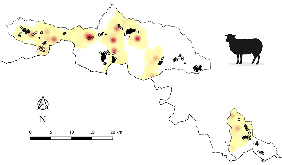 Densidad ganadera en la zona de estudio durante la época de cría, estimada mediante una función de densidad de Kernel (KDF) utilizando localizaciones GPS
