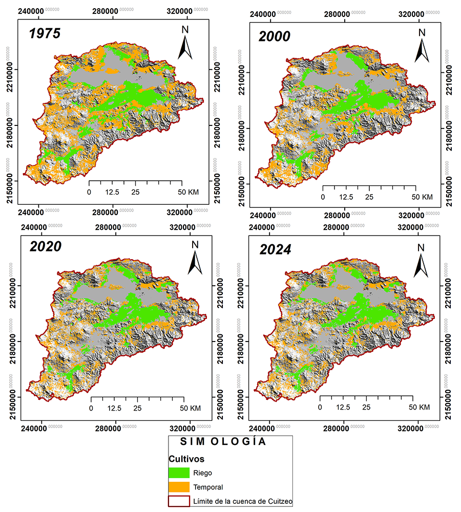 Distribución de la superficie de cultivo de riego y temporal en la cuenca de Cuitzeo